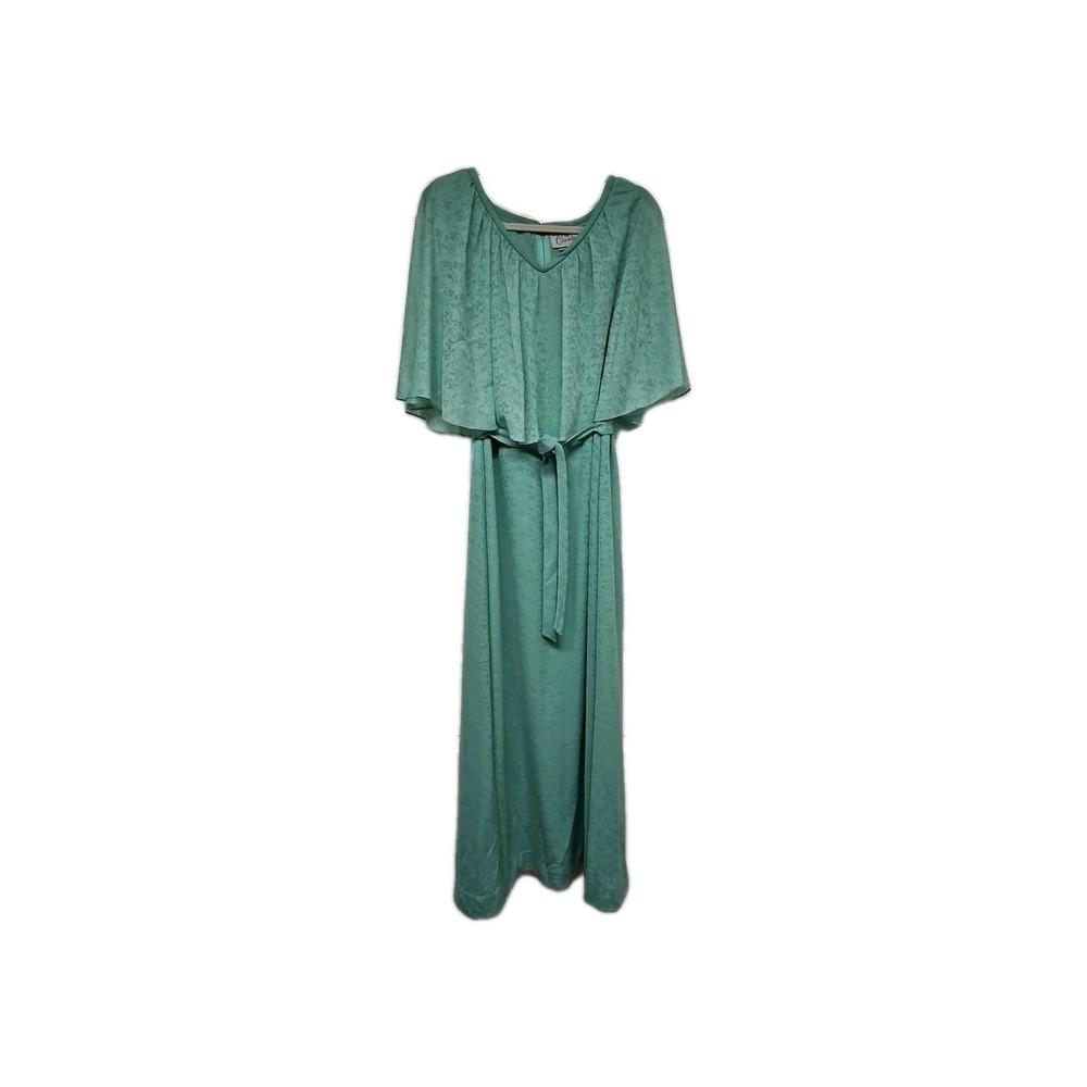 Vintage 1970's Prom Bridesmaid Teal Maxi Dress with Angel Sleeve Capelet Plus Sz